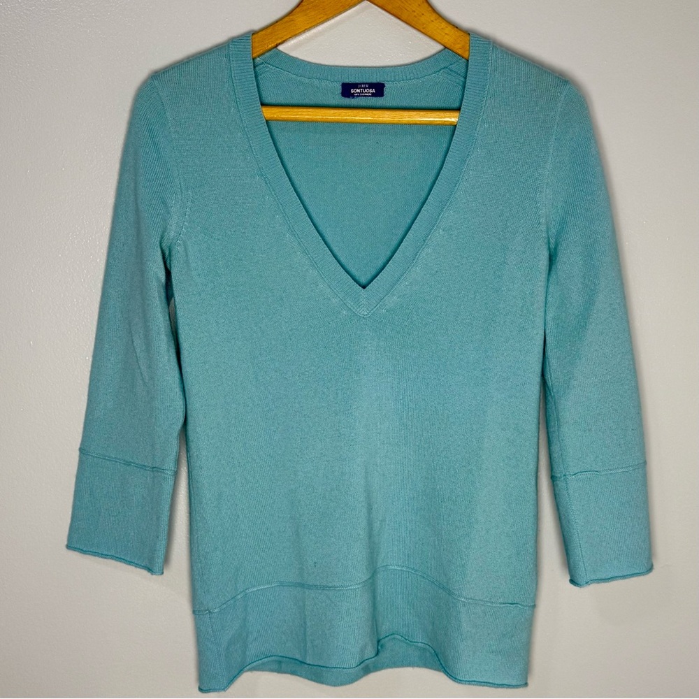 J. Crew V-Neck Blue 100% Cashmere Sweater 3/4 Sleeve | XS